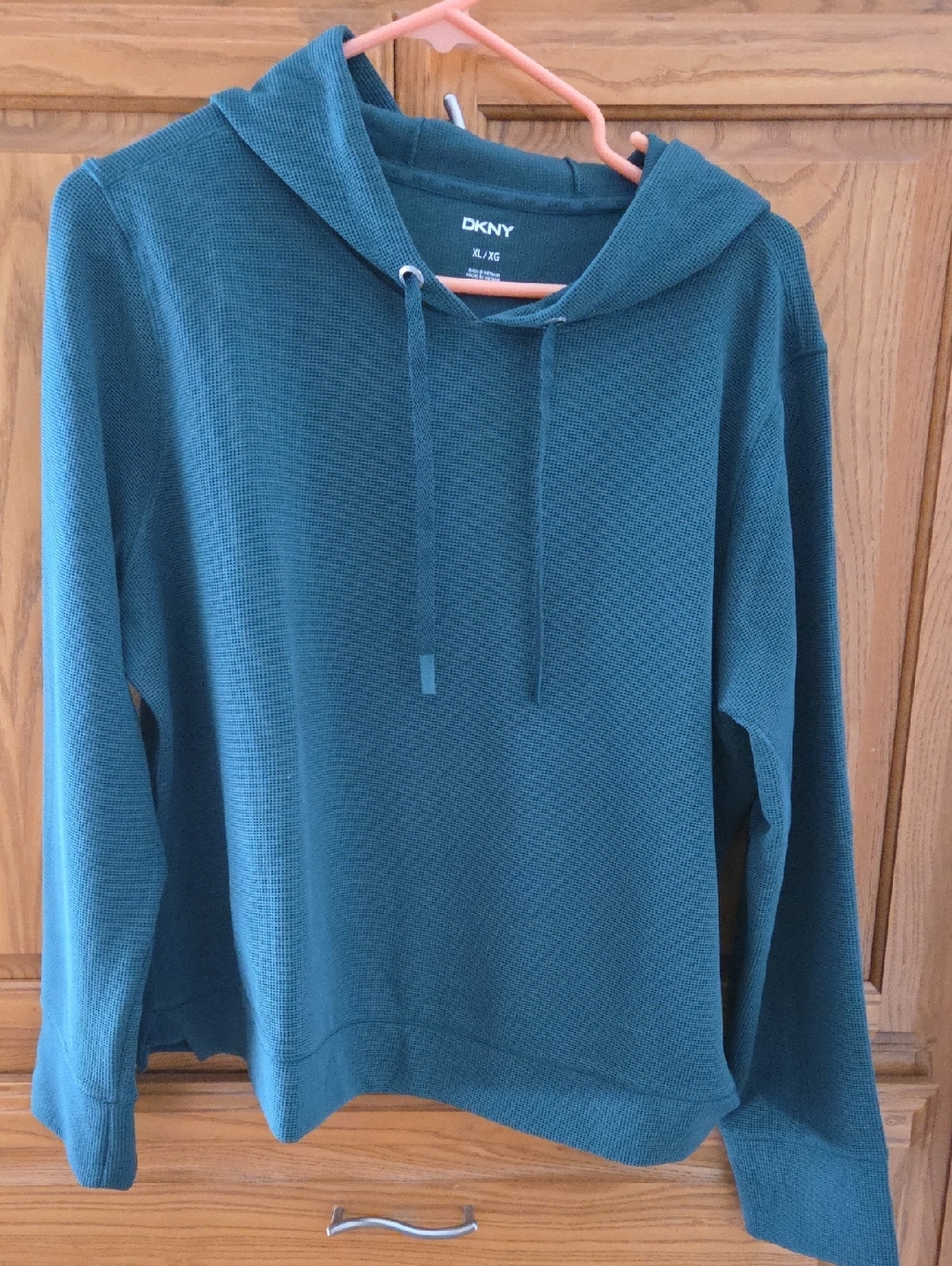 DKNY Women's Waffle Knit Teal Crewneck Hoodie Sweater